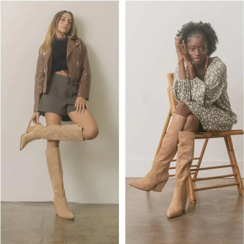 🆕Womens Suede Apcicot Side Zipper Knee High Pointed Toe Tall Slouchy Boots